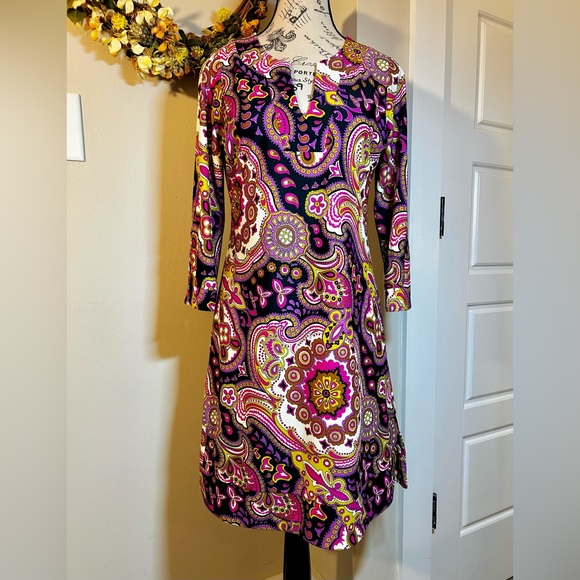 JUDE CONNALLY Megan V-Neck 3/4 Sleeve  Boysenberry Medallion Print Dress Sz S - Picture 11 of 11